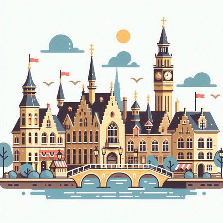 Cityscape of Amsterdam, Netherlands. Vector illustration in flat style.のイラスト素材