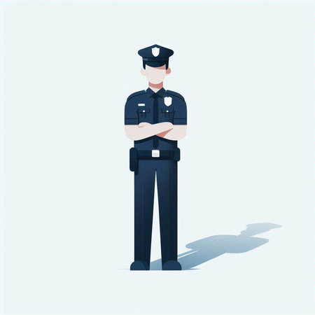 Vector illustration of a police officer standing with crossed arms on white backgroundのイラスト素材