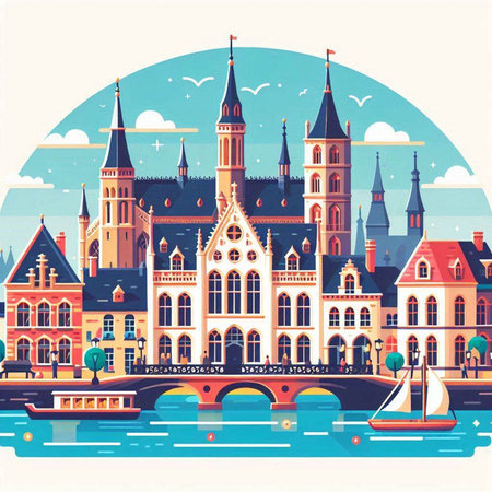 Bruges, Belgium, Europe. Vector illustration in retro styleのイラスト素材