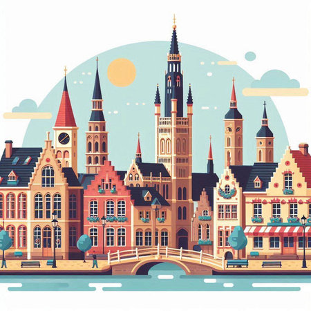 Amsterdam cityscape, Netherlands. Vector illustration in flat style.のイラスト素材