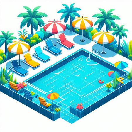 Isometric swimming pool with umbrellas and chairs. Vector illustration.のイラスト素材