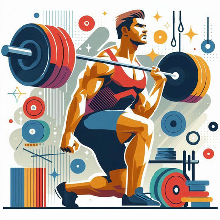 Vector illustration of a strong man lifting a barbell in a gymのイラスト素材