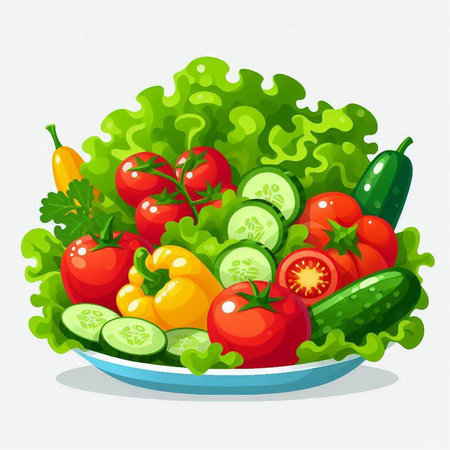 Fresh vegetables in a plate. Vector illustration of a healthy food.のイラスト素材