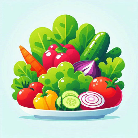 Fresh vegetables in a plate. Vector illustration. Vegetarian food.のイラスト素材