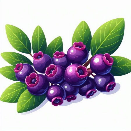 Illustration of blueberry berries with leaves on a white background.のイラスト素材