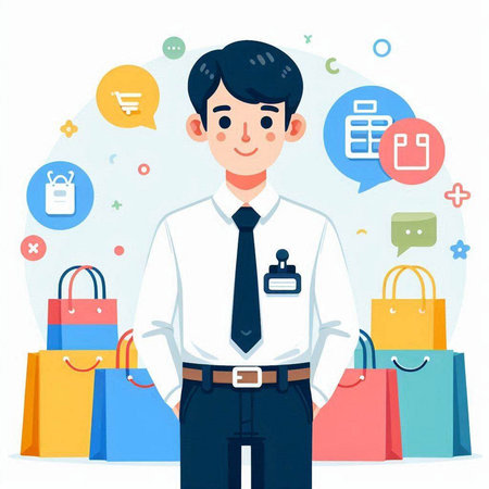 Shopping concept. Young man with shopping bags. Vector illustration.のイラスト素材