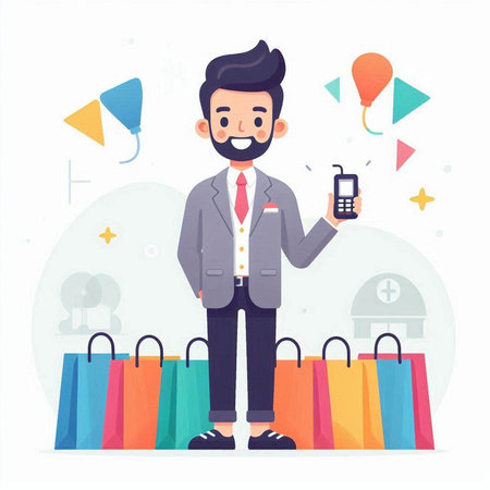 Young man with mobile phone and shopping bags. Vector illustration in cartoon styleのイラスト素材
