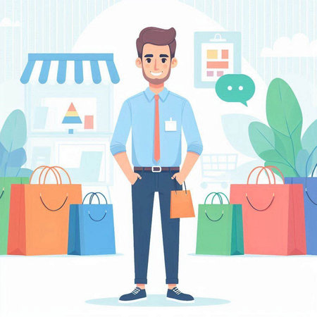 Young man with shopping bags. Vector illustration in flat cartoon style.のイラスト素材