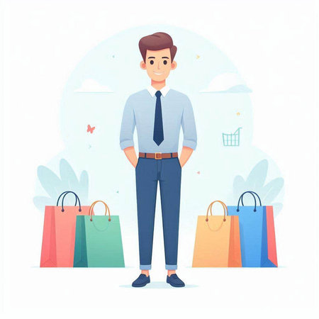 Man with shopping bags. Vector illustration in cartoon style on white background.のイラスト素材