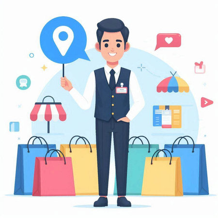 Shopping man holding map pointer and shopping bags. Vector illustration.のイラスト素材