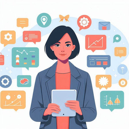 Young woman with tablet on white background with social media icons. Vector illustration.のイラスト素材