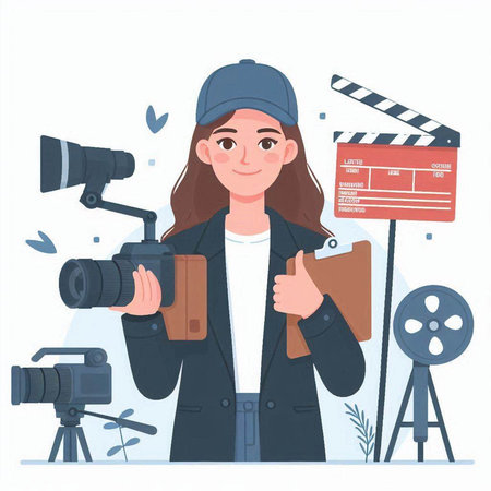 Young woman blogger with camera and clapperboard. Blogger character. Vector illustration in cartoon styleのイラスト素材