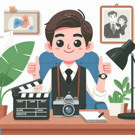 Man with movie clapperboard and camera on table. Vector illustration.のイラスト素材