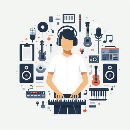 Vector illustration of man in headphones with musical instruments in circle shape. Music concept.のイラスト素材