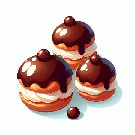 Illustration of three chocolate eclairs with whipped cream and chocolate syrupのイラスト素材