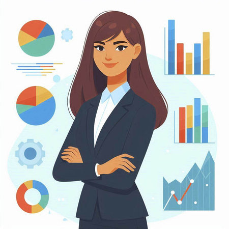 Business woman in a business suit standing with her arms crossed. Vector illustration.のイラスト素材