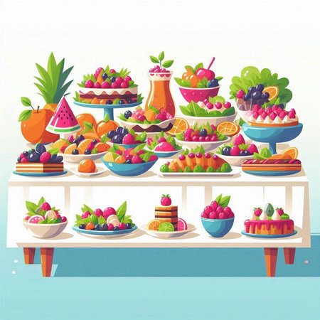 Fruits on the counter of a fruit shop. Vector illustration.のイラスト素材