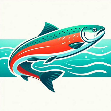 Vector illustration of a rainbow trout on the background of the sea.のイラスト素材
