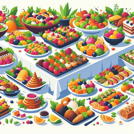 Fruit dessert table top view. Vector cartoon illustration of fresh fruit and berry on buffet table.のイラスト素材