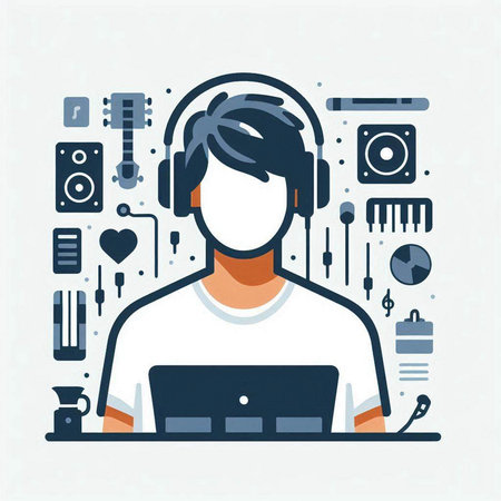 Vector illustration of young man in headphones working with laptop on white background.のイラスト素材