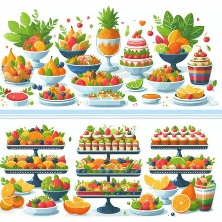 Set of fruit desserts and desserts. Vector illustration in cartoon style.のイラスト素材