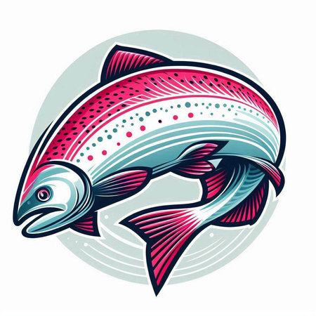Vector illustration of a rainbow trout fish in circle on white background.のイラスト素材