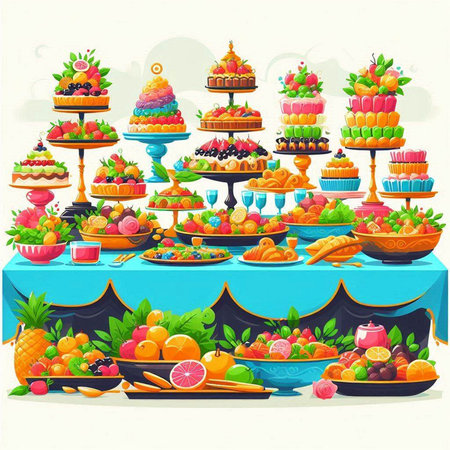 Dessert table with various fruits and cakes. Vector illustration in retro style.のイラスト素材