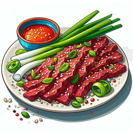 Illustration of raw beef with green onion, garlic and spicy sauceのイラスト素材