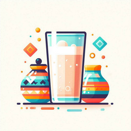 Colorful vector illustration of a glass of milk and two jars with candiesのイラスト素材