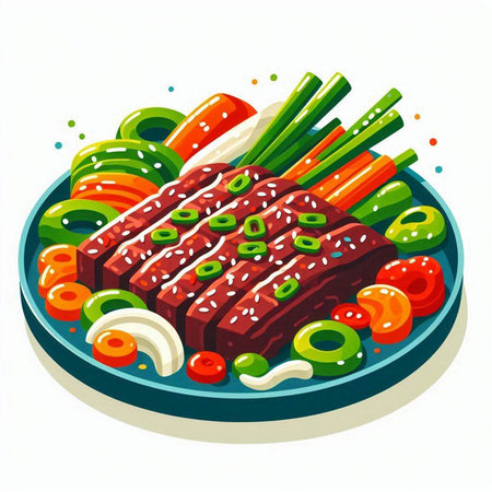 Illustration of a plate with beef and vegetables on a white backgroundのイラスト素材