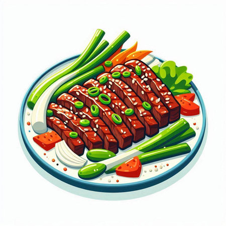 Illustration of a plate of beef with vegetables on a white backgroundのイラスト素材