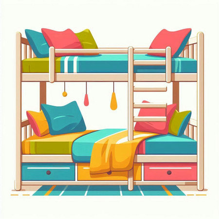 Bunkbed with colorful pillows and cushions. Vector illustration.のイラスト素材