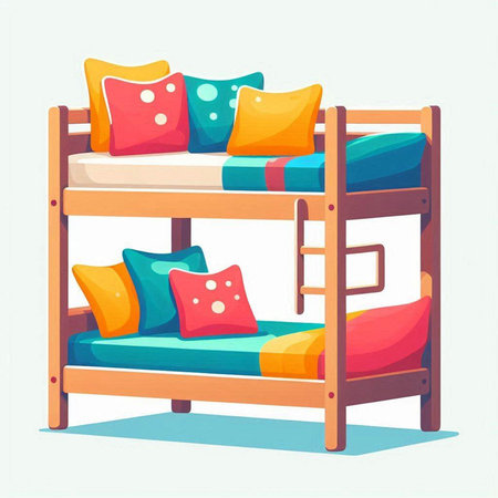 Bunk bed with colorful pillows. Vector illustration in cartoon style.のイラスト素材