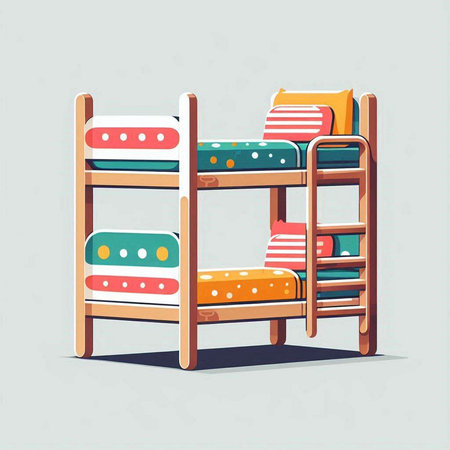 Vector illustration of a wooden bunk bed with pillows and cushionsのイラスト素材
