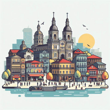 Cityscape of the old town of Riga, Latvia. Vector illustration.のイラスト素材