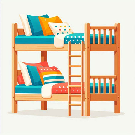 Wooden bunk bed with pillows. Vector illustration in cartoon style.のイラスト素材