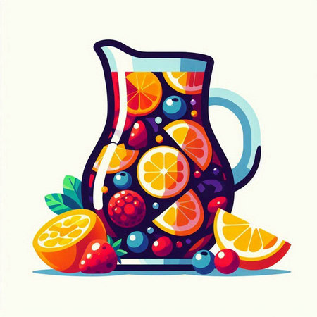 Vector illustration of a jug of sangria with fruits and berries.のイラスト素材
