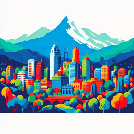 Cityscape with mountains and trees. Vector illustration for your design.のイラスト素材