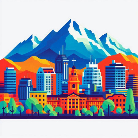 Cityscape with mountains and church on the background. Vector illustration.のイラスト素材
