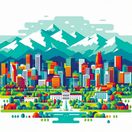 Cityscape with mountains and lake. Vector illustration in flat style.のイラスト素材