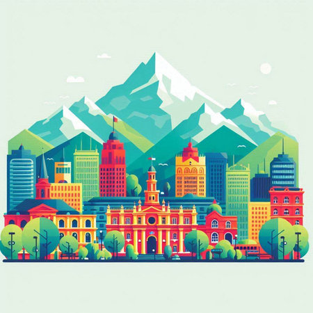 Cityscape of the city with mountains and trees. Vector illustration.のイラスト素材