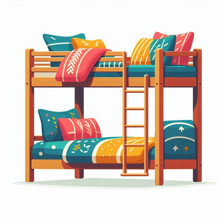 Vector illustration of two wooden bunk beds with pillows isolated on white backgroundのイラスト素材