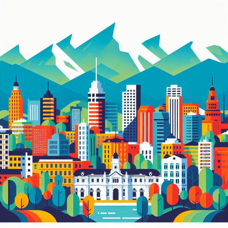 Cityscape with buildings, trees and mountains in flat style. Vector illustration.のイラスト素材
