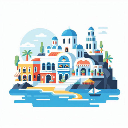 Vector illustration of the island of Santorini, Greece. Flat style.のイラスト素材