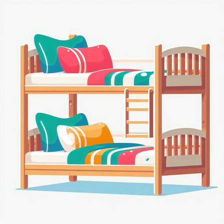 Bunk bed with pillows and wooden bedside table. Vector illustration.のイラスト素材