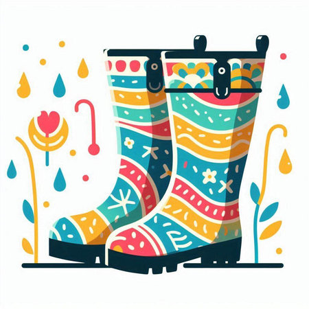 Vector illustration of a pair of rubber boots decorated with colorful patterns.のイラスト素材