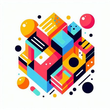 Abstract colorful geometric background with cubes and lines. Vector illustration in flat style.のイラスト素材