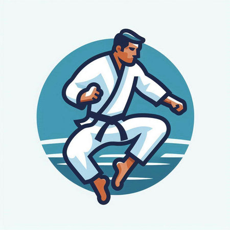 Karate man doing a karate kick on the water. Vector illustrationのイラスト素材