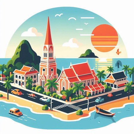 Vector illustration of the church on the island of Phuket in Thailandのイラスト素材