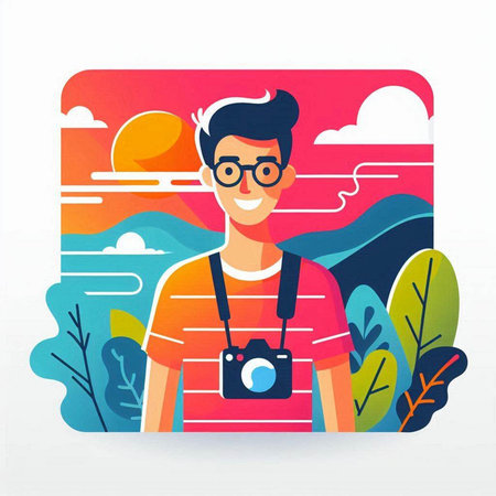 Young man with a camera on the background of nature. Vector illustrationのイラスト素材
